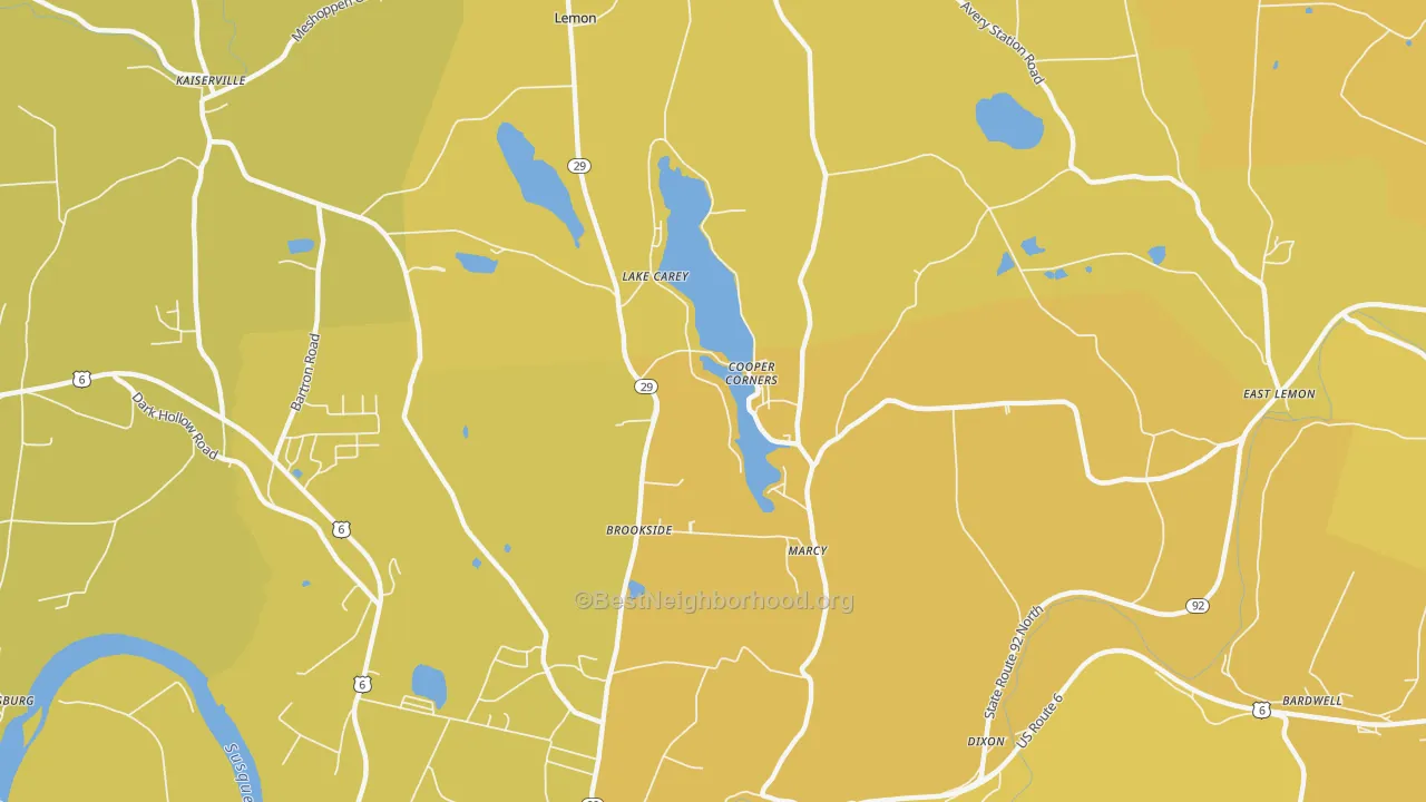 Map of the best neighborhoods in the Lake Carey area, with better matches in green and worse matches in red