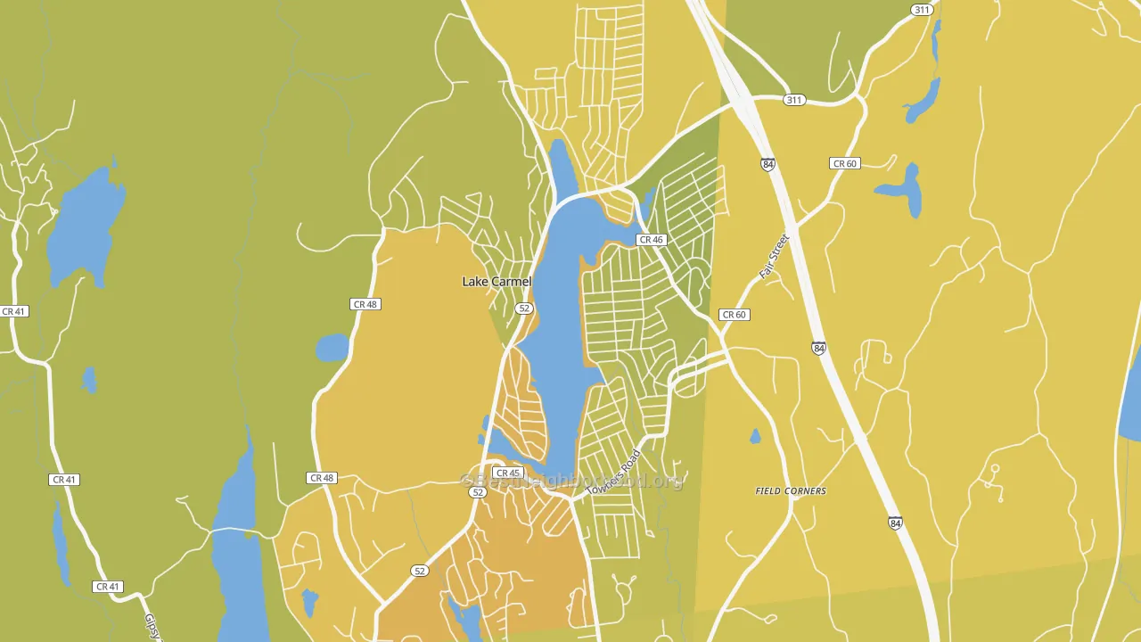 Map of the best neighborhoods in the Lake Carmel area, with better matches in green and worse matches in red
