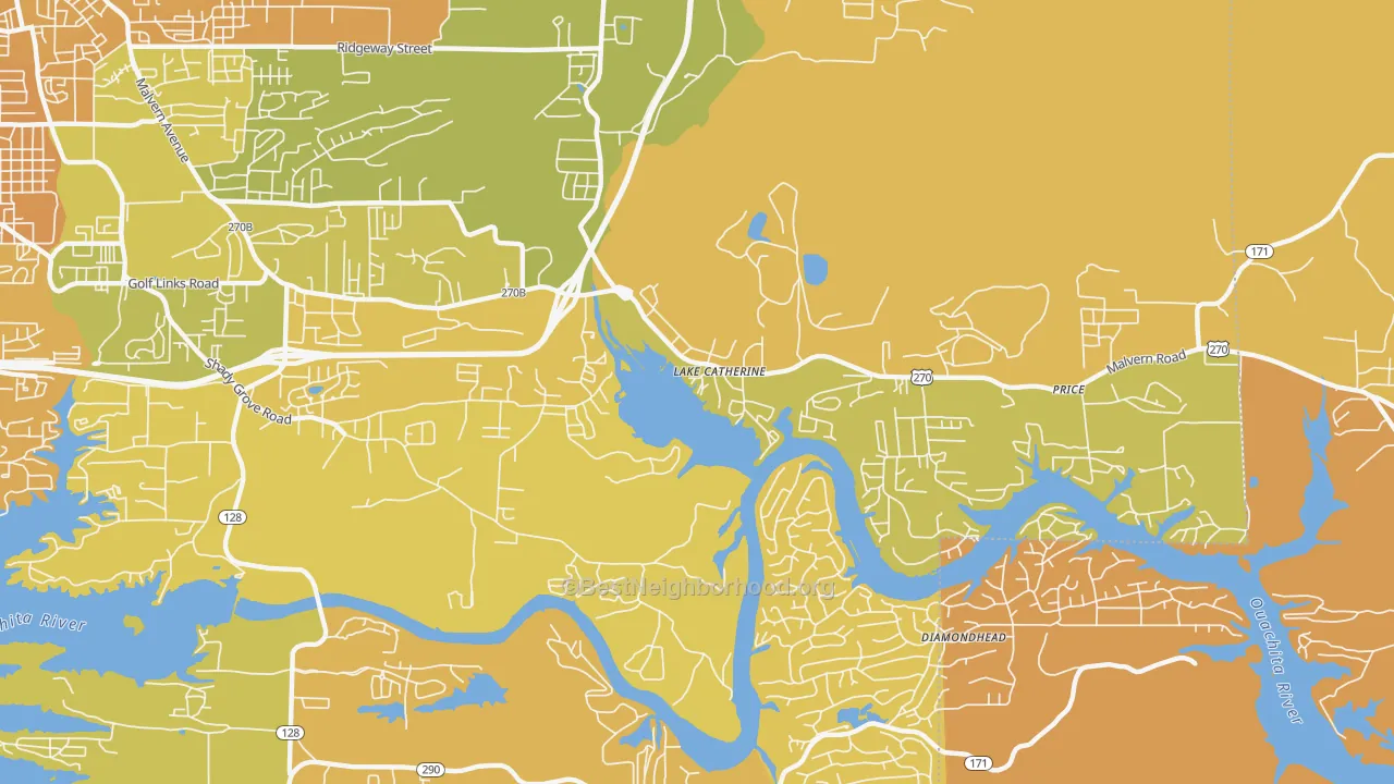 Map of the best neighborhoods in the Lake Catherine area, with better matches in green and worse matches in red