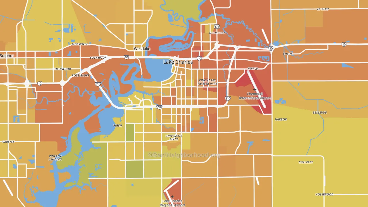 Map of the best neighborhoods in the Lake Charles Metro area, with better matches in green and worse matches in red