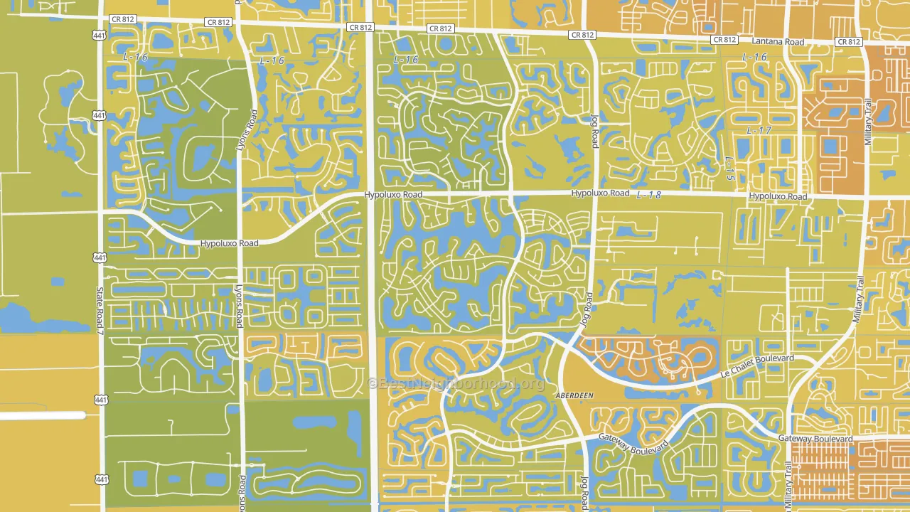 Map of the best neighborhoods in the Lake Charleston, Lake Worth area, with better matches in green and worse matches in red