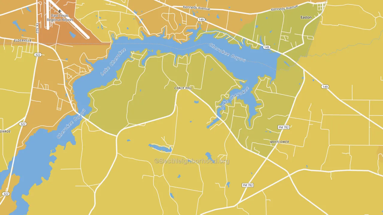 Map of the best neighborhoods in the Lake Cherokee area, with better matches in green and worse matches in red