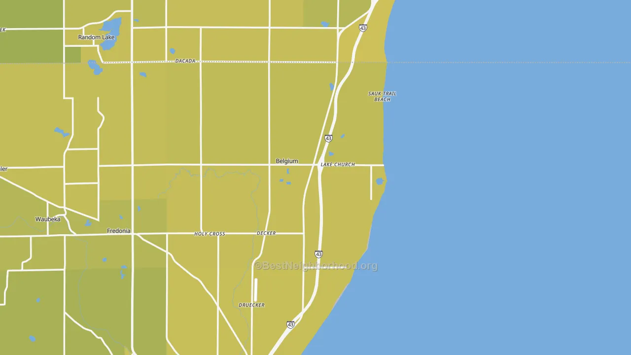 Map of the best neighborhoods in the Lake Church area, with better matches in green and worse matches in red