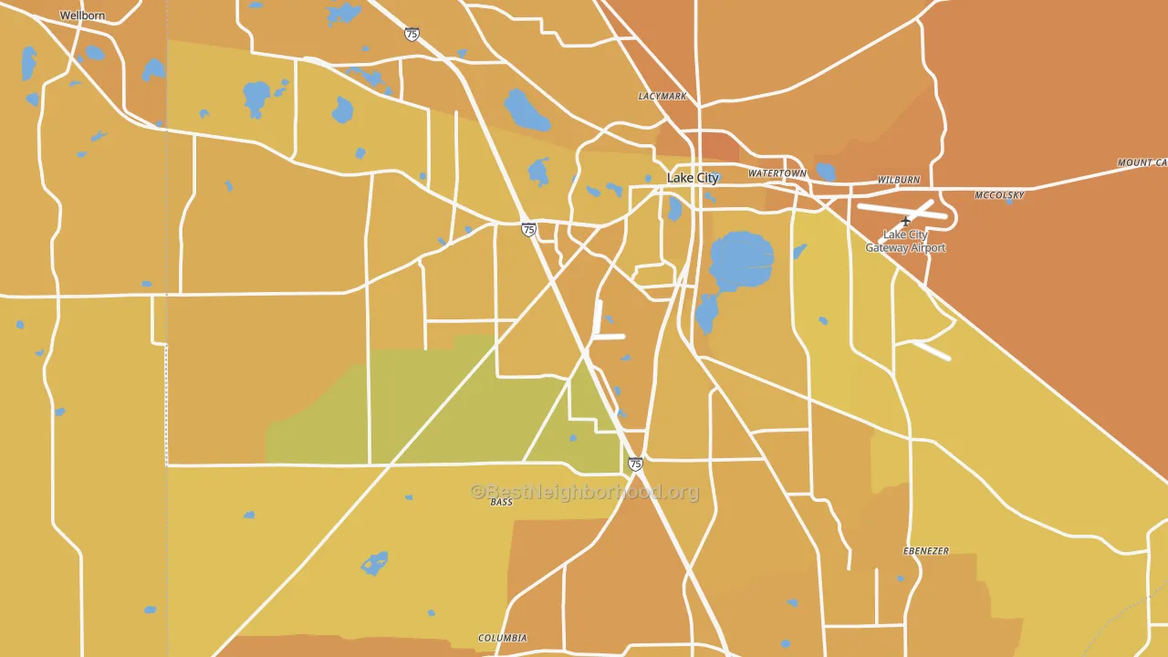 Map of the best neighborhoods in the Lake City area, with better matches in green and worse matches in red