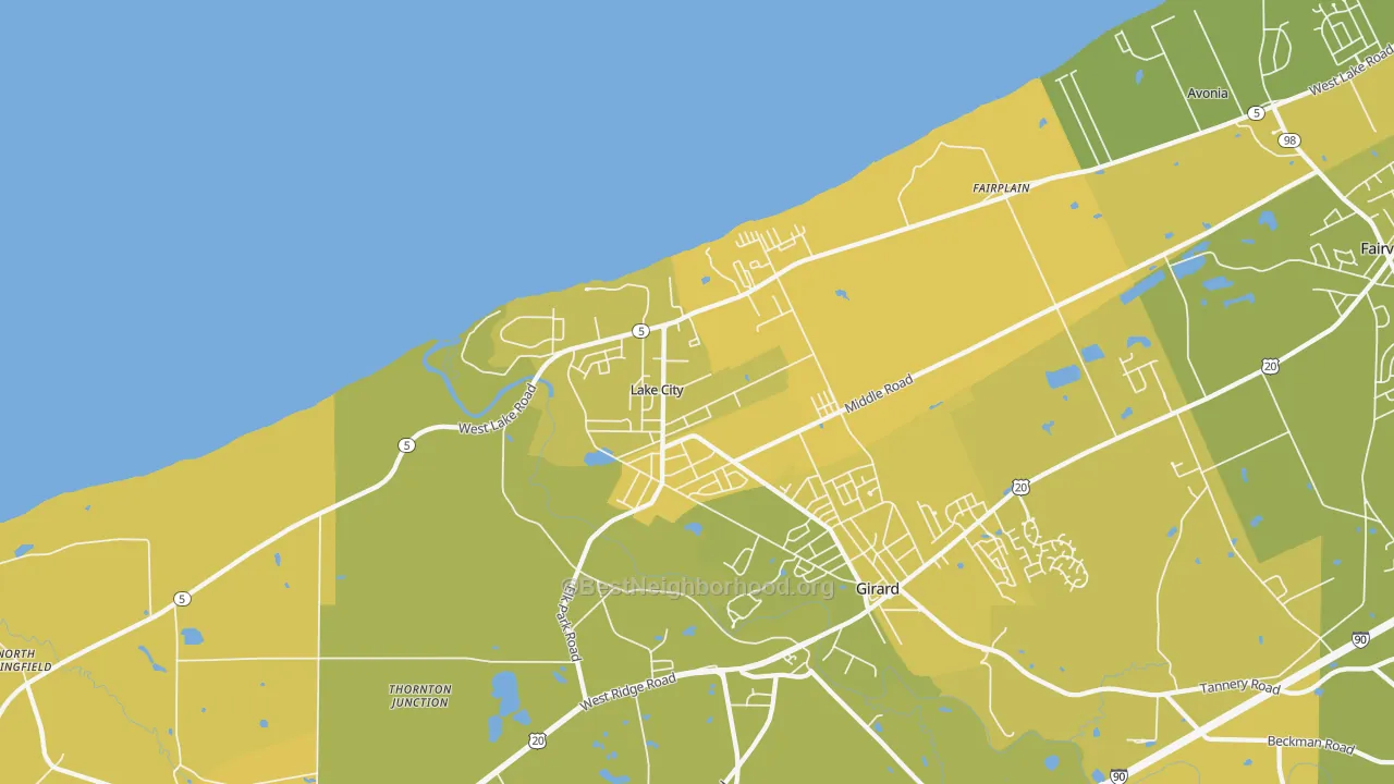 Map of the best neighborhoods in the Lake City area, with better matches in green and worse matches in red