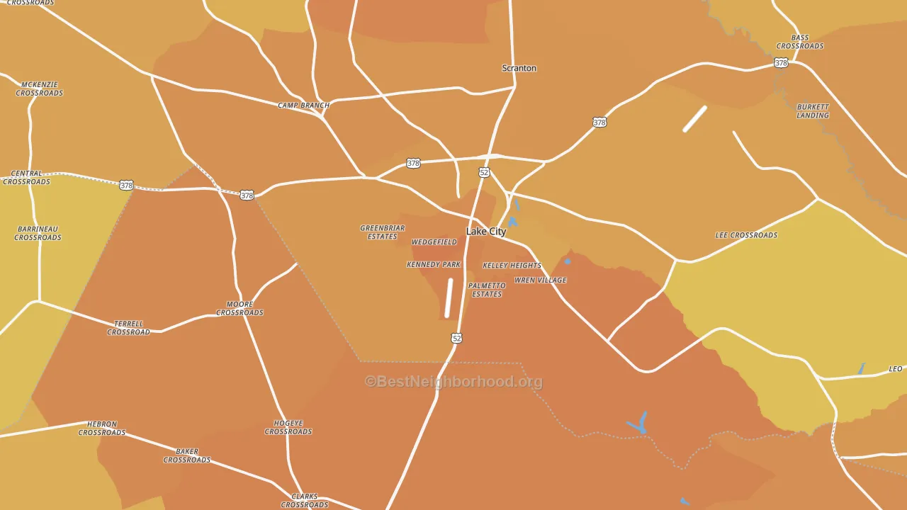 Map of the best neighborhoods in the Lake City area, with better matches in green and worse matches in red