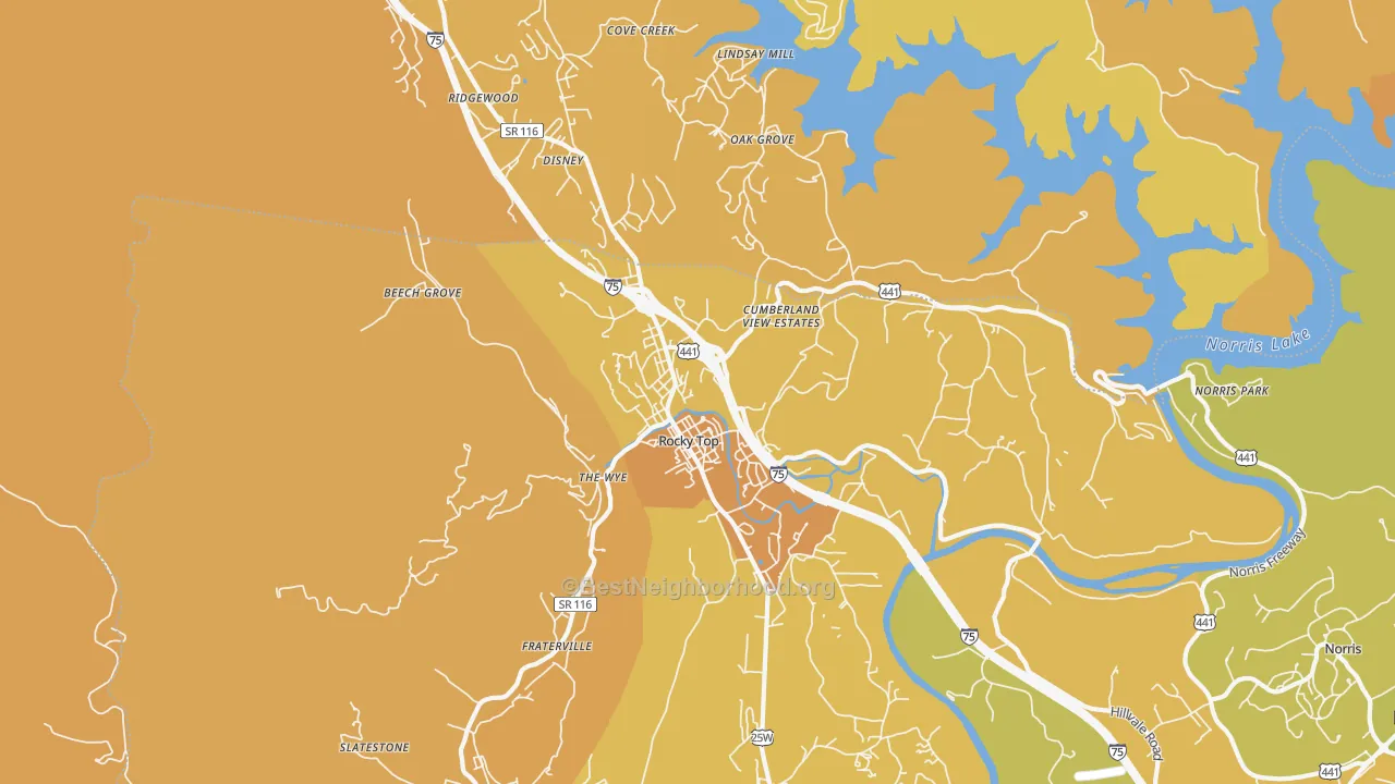 Map of the best neighborhoods in the Lake City area, with better matches in green and worse matches in red