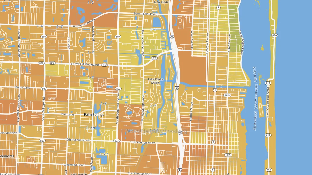 Map of the best neighborhoods in the Lake Clarke Shores area, with better matches in green and worse matches in red