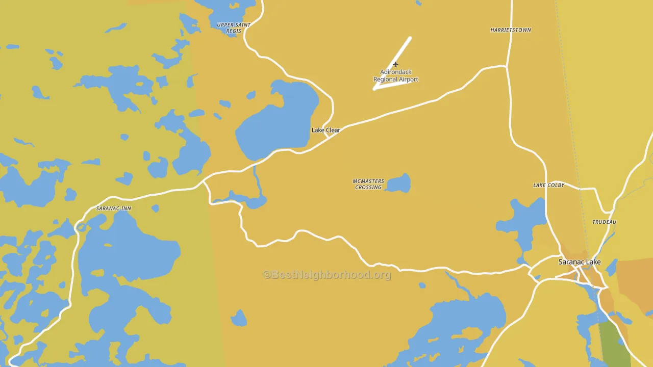 Map of the best neighborhoods in the Lake Clear area, with better matches in green and worse matches in red
