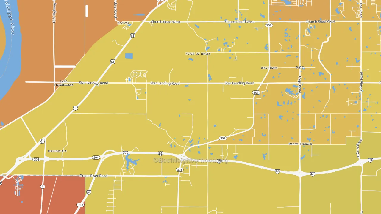 Map of the best neighborhoods in the Lake Cormorant area, with better matches in green and worse matches in red