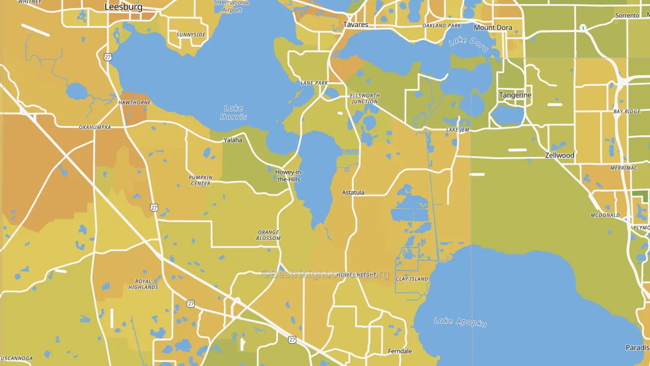 Map of the best neighborhoods in the Lake County area, with better matches in green and worse matches in red