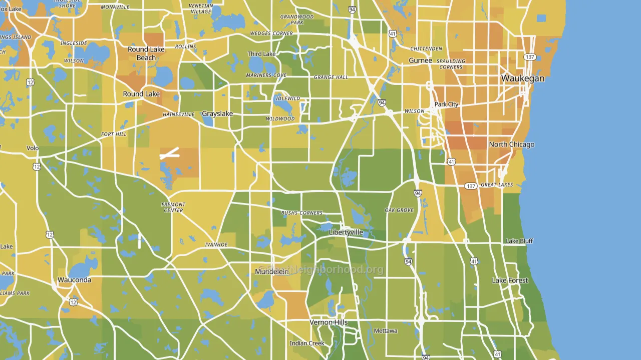 Map of the best neighborhoods in the Lake County area, with better matches in green and worse matches in red