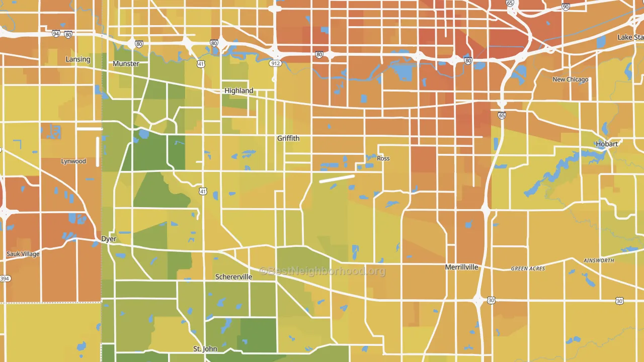 Map of the best neighborhoods in the Lake County area, with better matches in green and worse matches in red