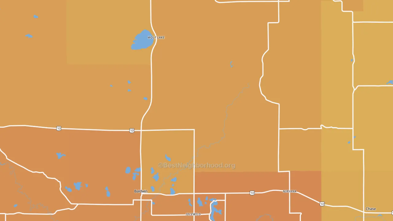 Map of the best neighborhoods in the Lake County area, with better matches in green and worse matches in red