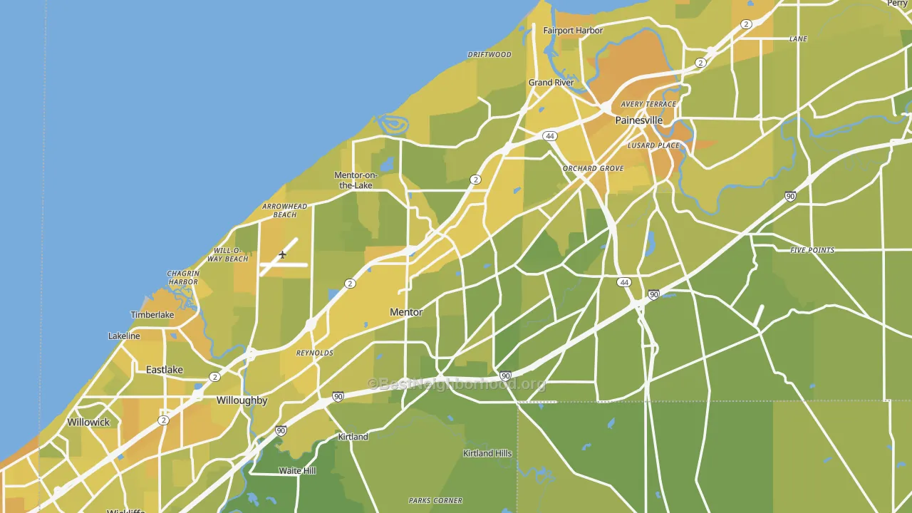 Map of the best neighborhoods in the Lake County area, with better matches in green and worse matches in red