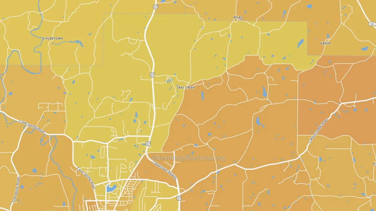 Map of the best neighborhoods in the Lake Creek area, with better matches in green and worse matches in red