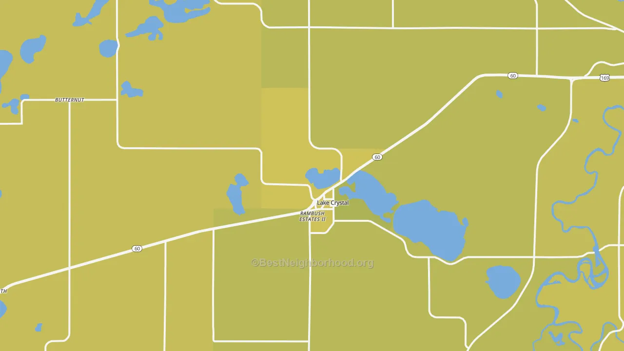 Map of the best neighborhoods in the Lake Crystal area, with better matches in green and worse matches in red
