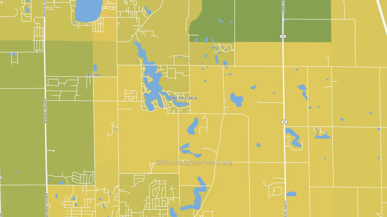 Map of the best neighborhoods in the Lake Dalecarlia area, with better matches in green and worse matches in red