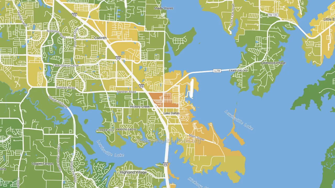 Map of the best neighborhoods in the Lake Dallas area, with better matches in green and worse matches in red