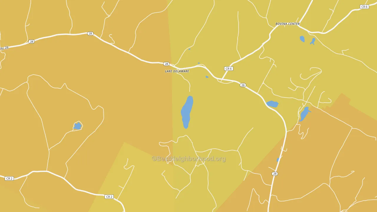 Map of the best neighborhoods in the Lake Delaware area, with better matches in green and worse matches in red