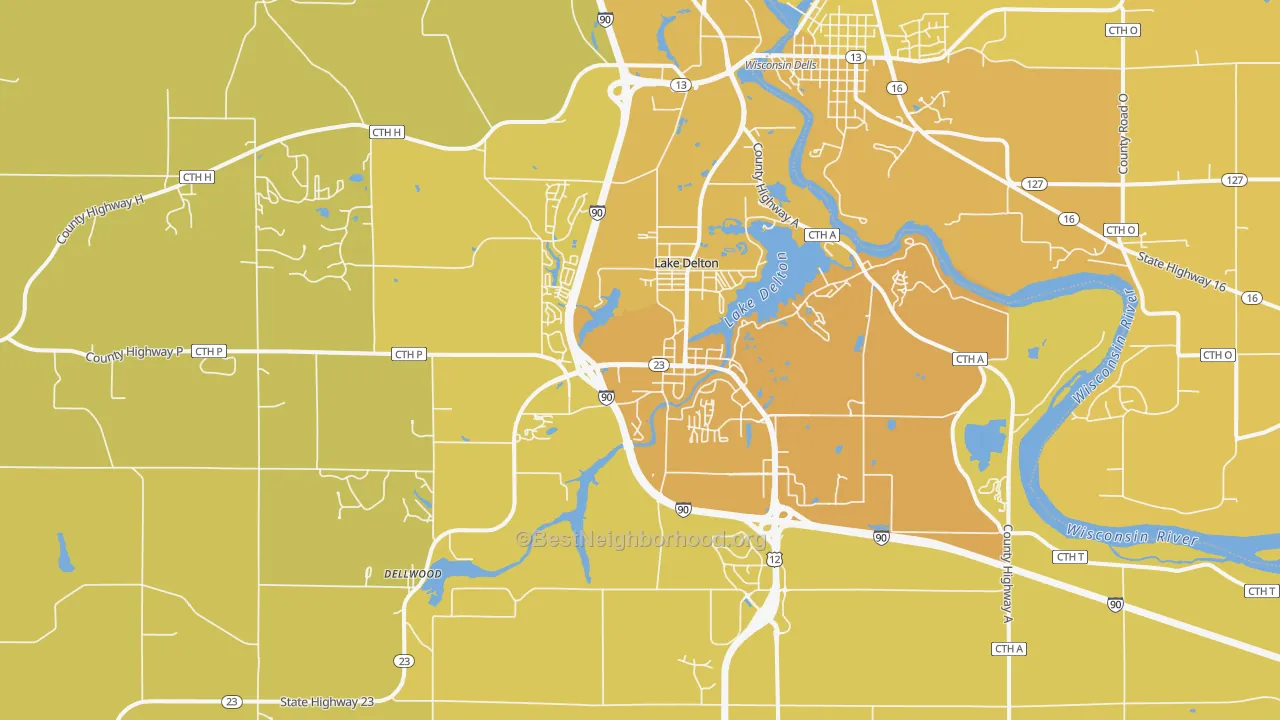 Map of the best neighborhoods in the Lake Delton area, with better matches in green and worse matches in red
