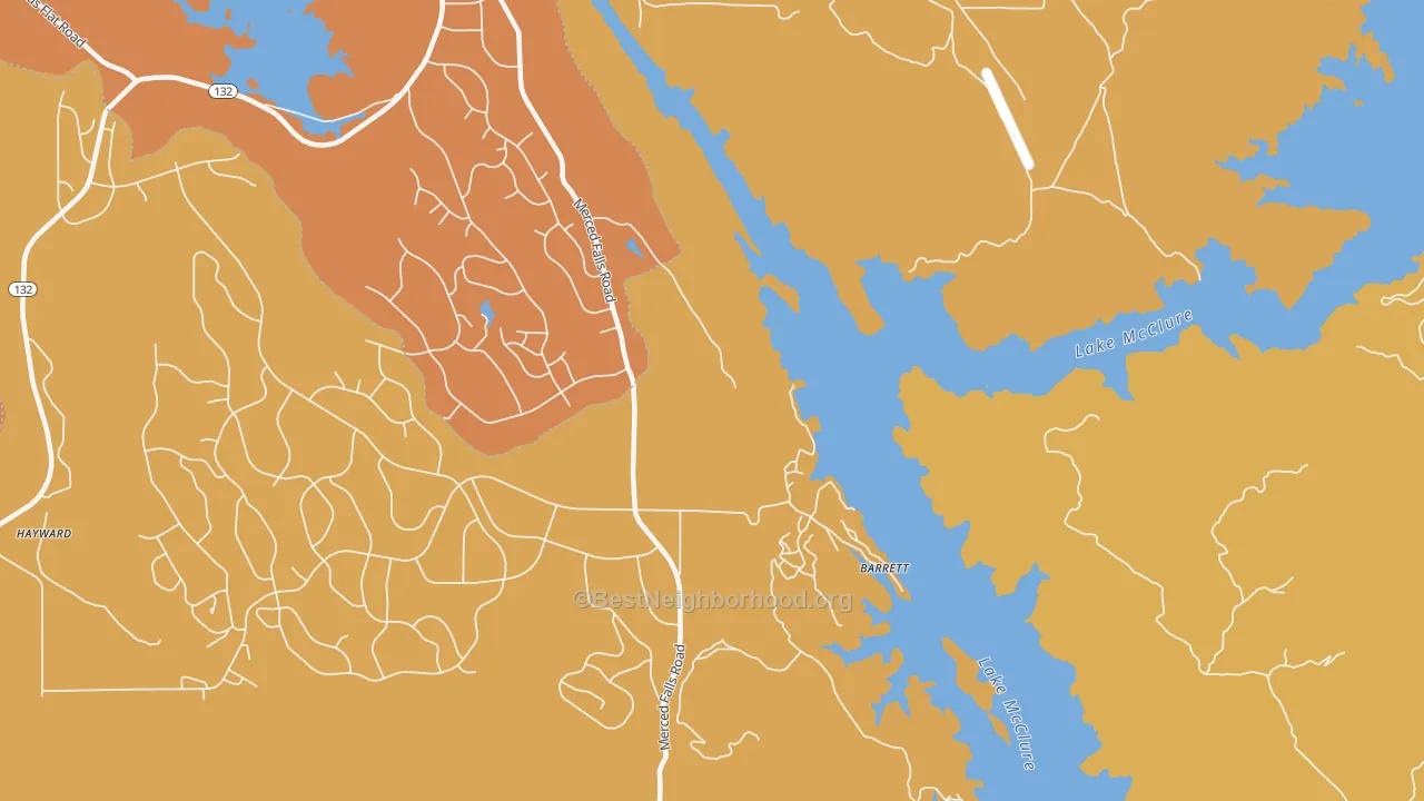 Map of the best neighborhoods in the Lake Don Pedro area, with better matches in green and worse matches in red