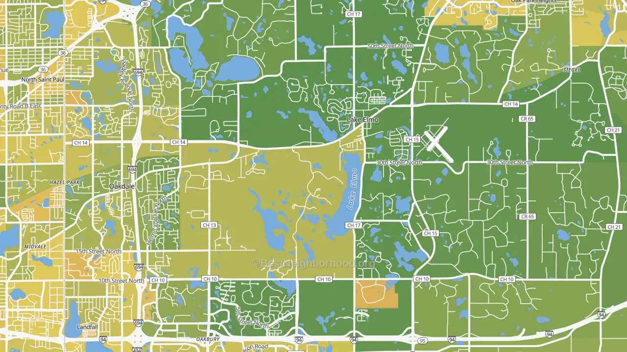 Map of the best neighborhoods in the Lake Elmo area, with better matches in green and worse matches in red