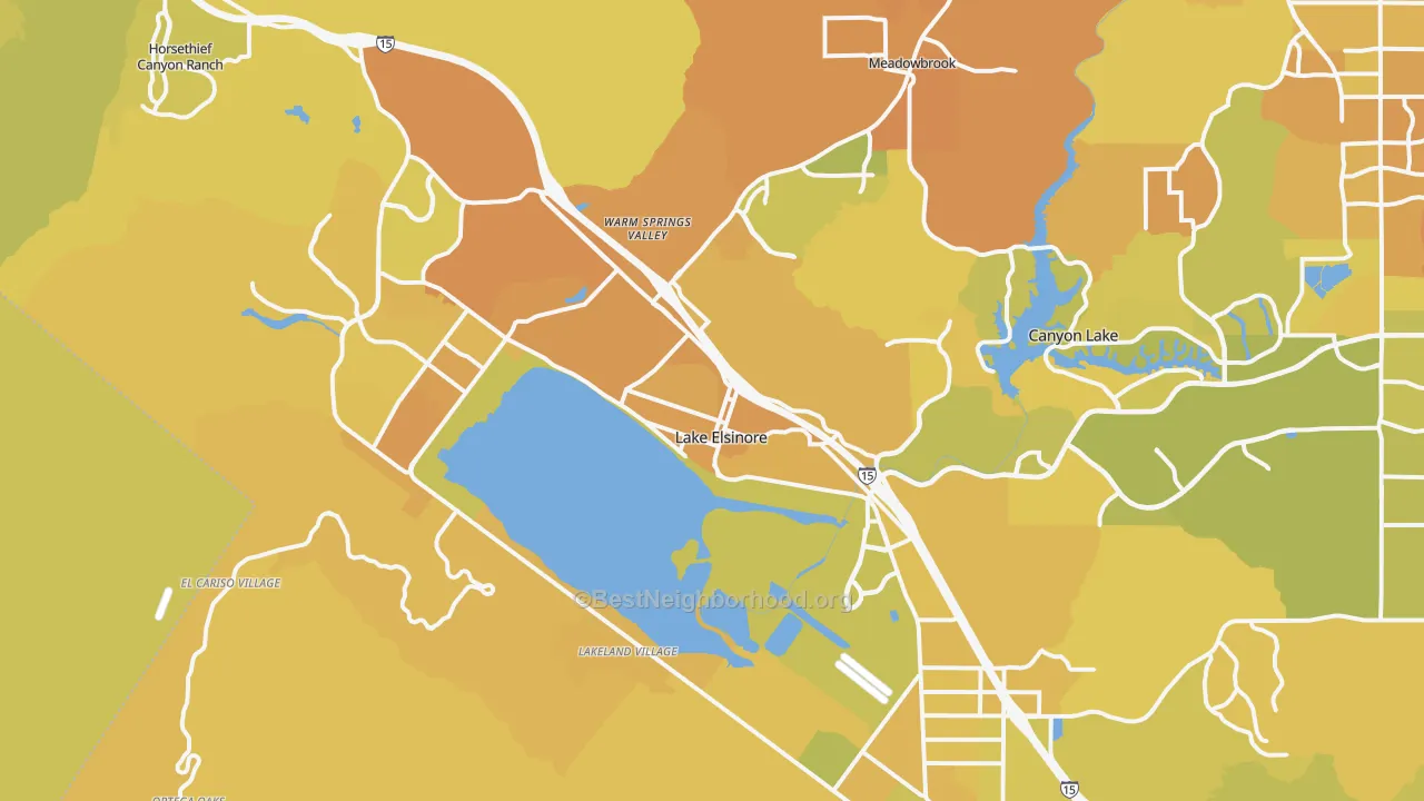 Map of the best neighborhoods in the Lake Elsinore area, with better matches in green and worse matches in red