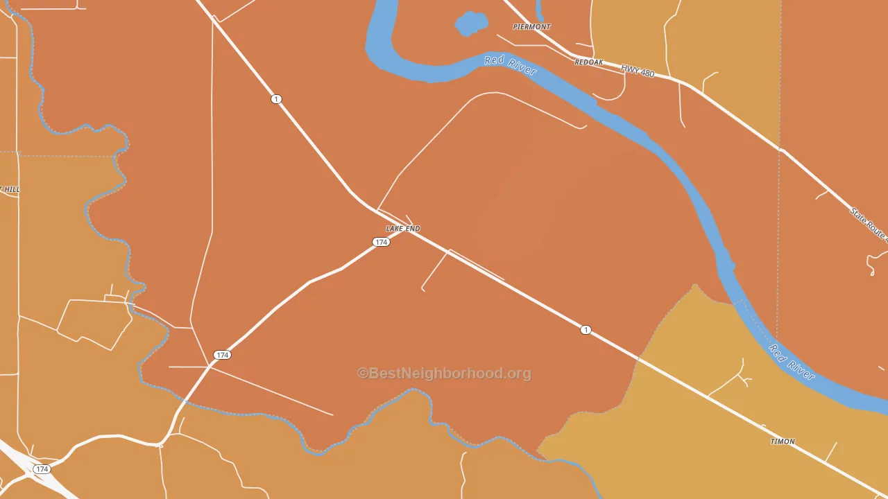 Map of the best neighborhoods in the Lake End area, with better matches in green and worse matches in red