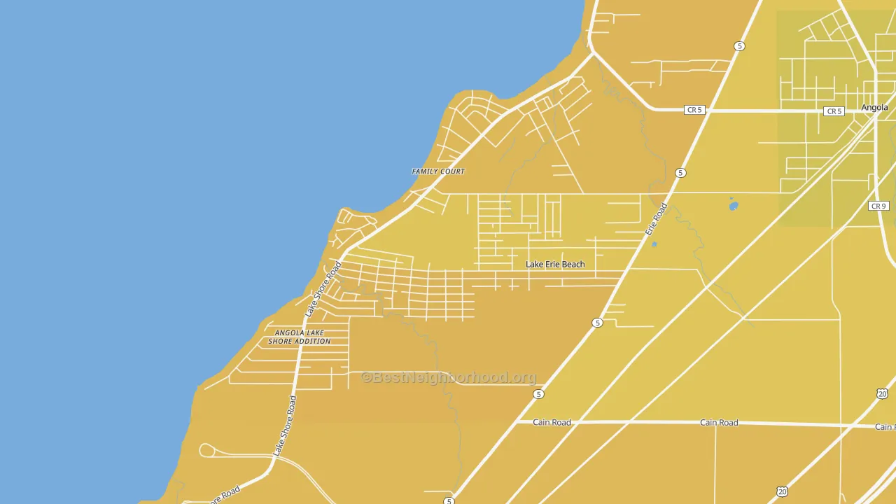 Map of the best neighborhoods in the Lake Erie Beach area, with better matches in green and worse matches in red