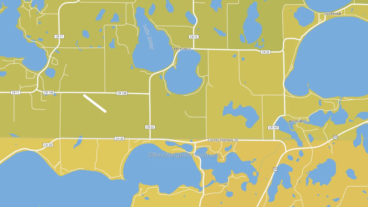 Map of the best neighborhoods in the Lake Eunice area, with better matches in green and worse matches in red