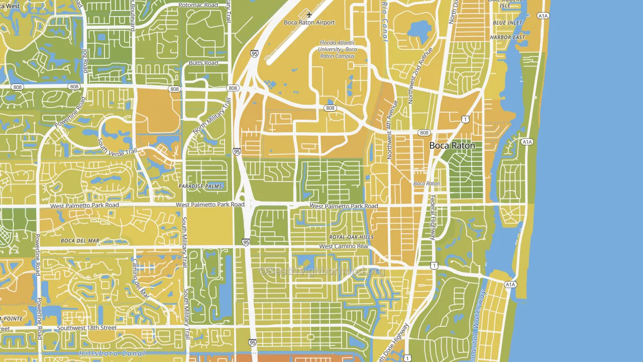 Map of the best neighborhoods in the Lake Floresta Park, Boca Raton area, with better matches in green and worse matches in red