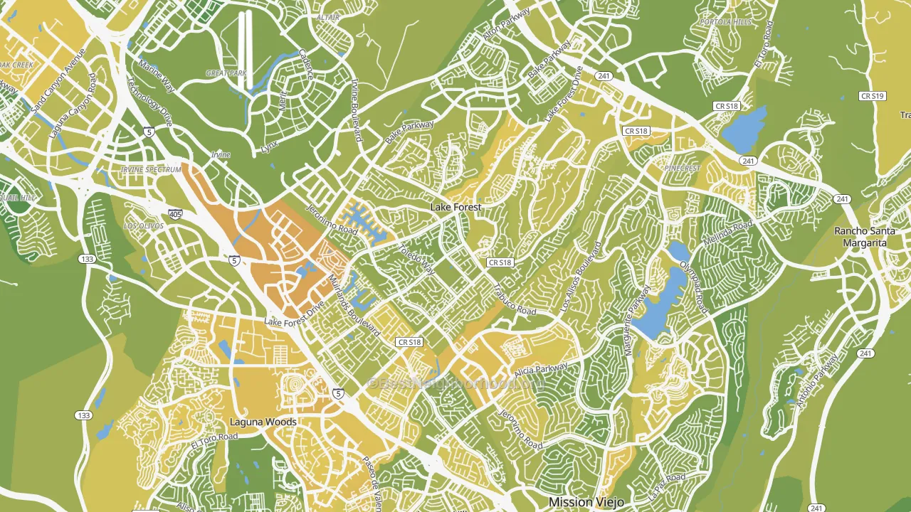 Map of the best neighborhoods in the Lake Forest area, with better matches in green and worse matches in red