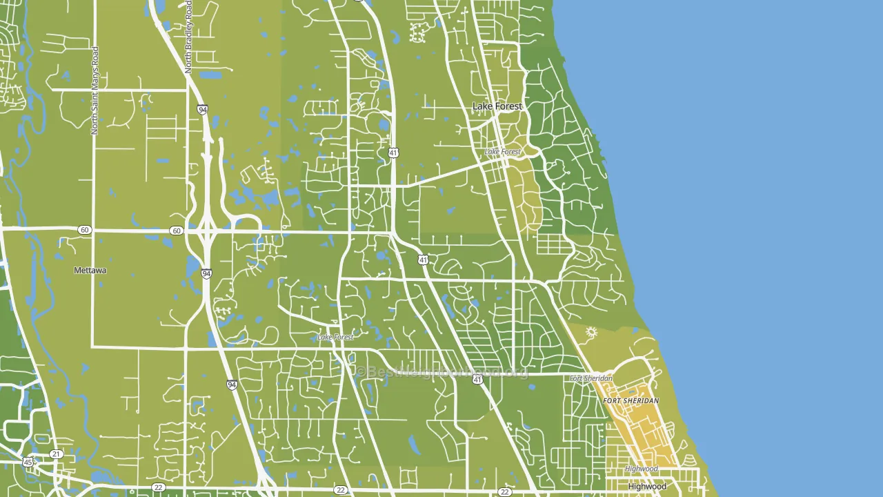 Map of the best neighborhoods in the Lake Forest area, with better matches in green and worse matches in red