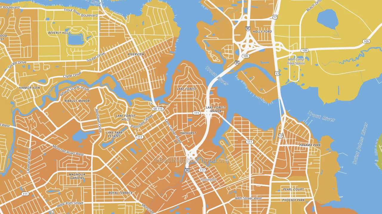 Map of the best neighborhoods in the Lake Forest, Jacksonville area, with better matches in green and worse matches in red