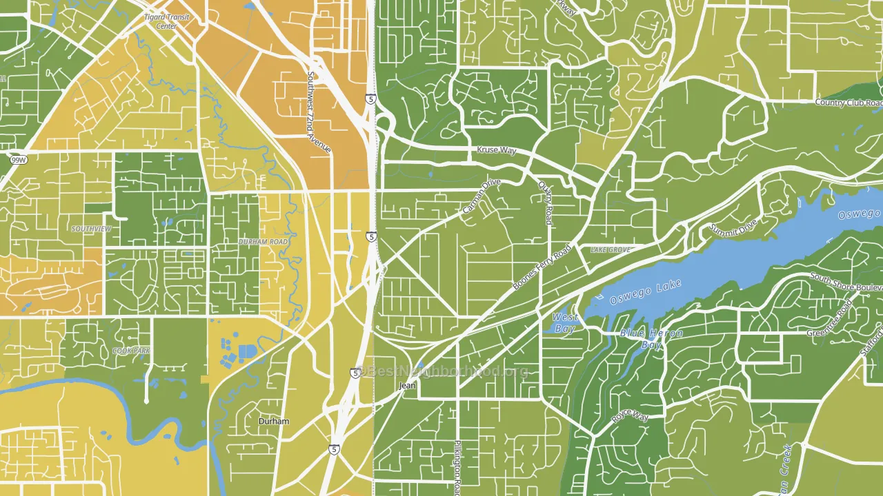 Map of the best neighborhoods in the Lake Forest, Lake Oswego area, with better matches in green and worse matches in red