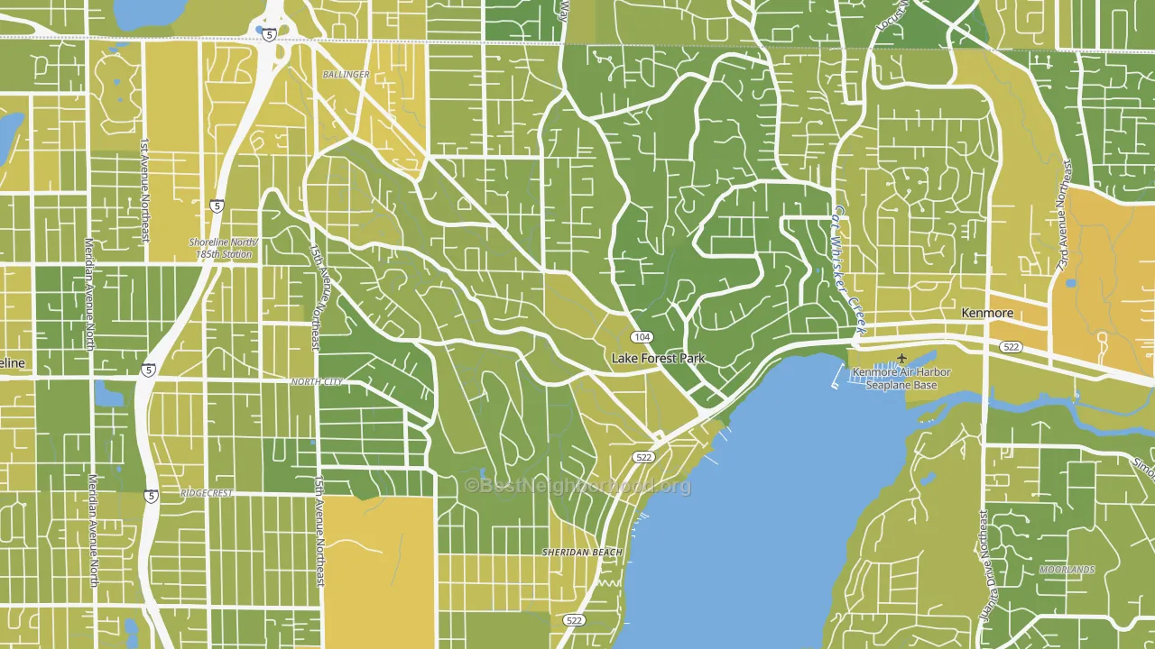 Map of the best neighborhoods in the Lake Forest Park area, with better matches in green and worse matches in red