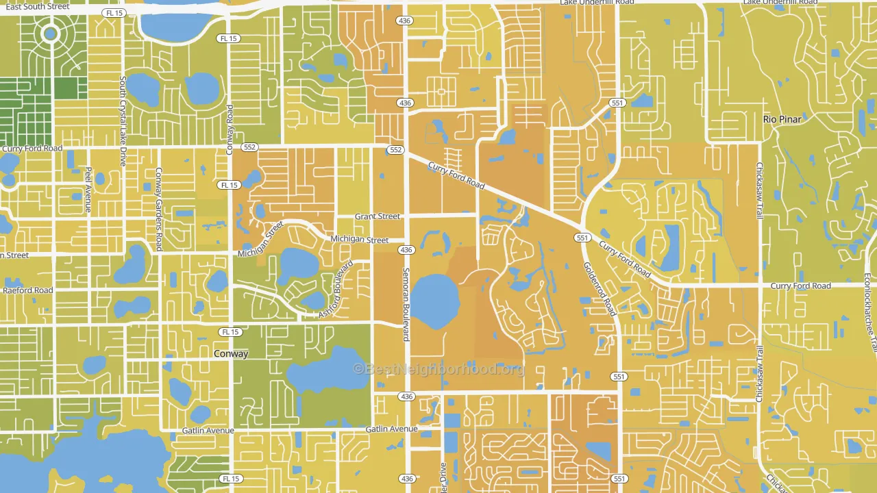 Map of the best neighborhoods in the Lake Frederica, Orlando area, with better matches in green and worse matches in red