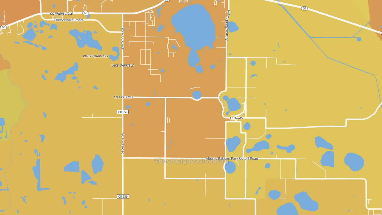 Map of the best neighborhoods in the Lake Garfield area, with better matches in green and worse matches in red