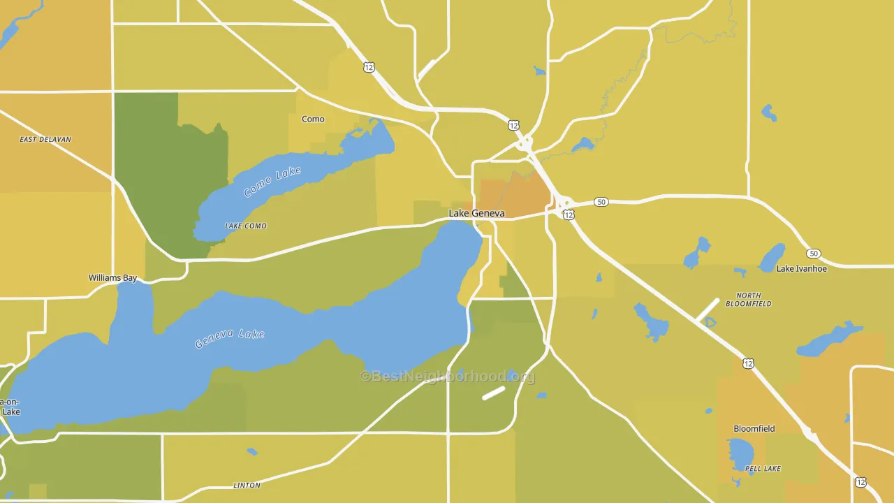 Map of the best neighborhoods in the Lake Geneva area, with better matches in green and worse matches in red