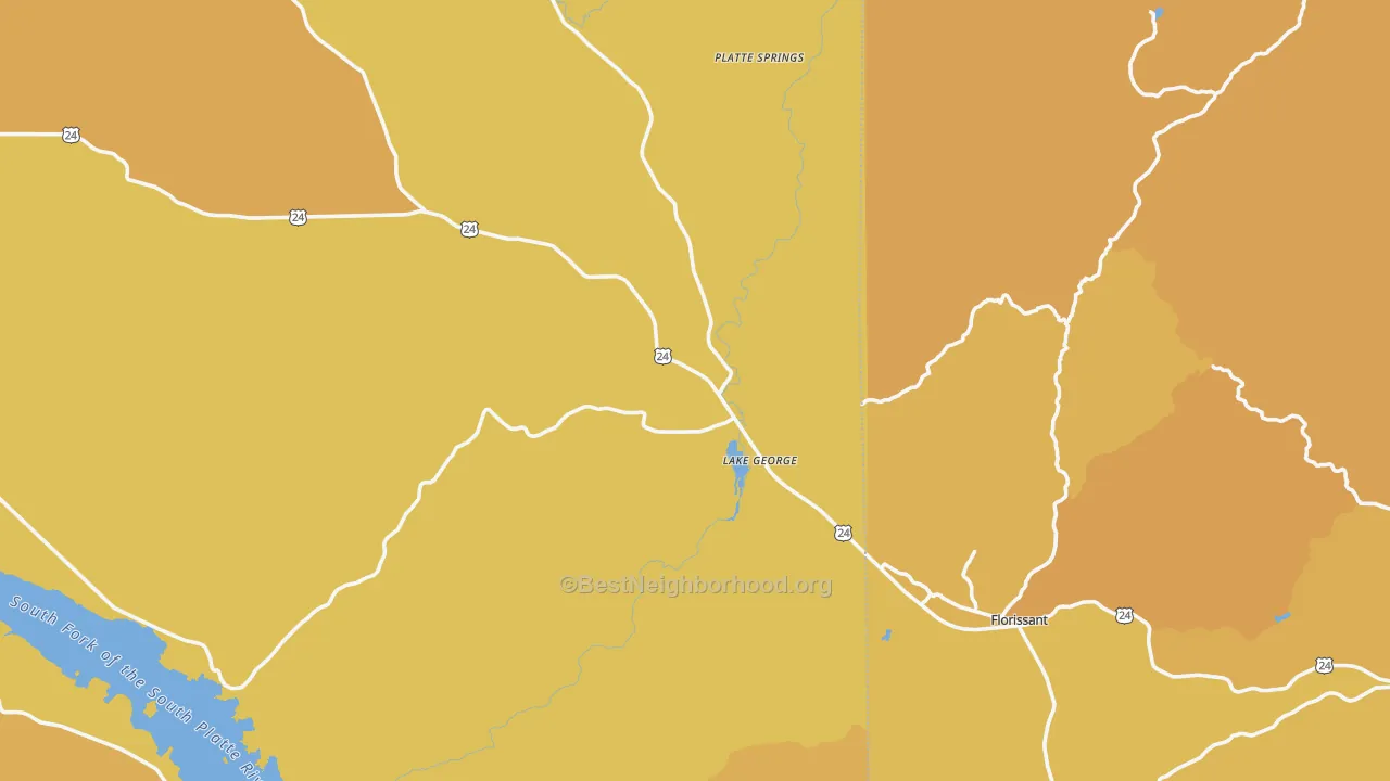 Map of the best neighborhoods in the Lake George area, with better matches in green and worse matches in red