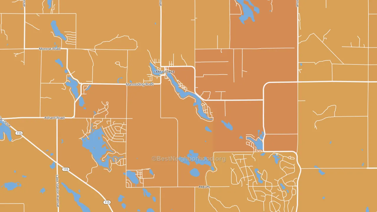 Map of the best neighborhoods in the Lake George area, with better matches in green and worse matches in red