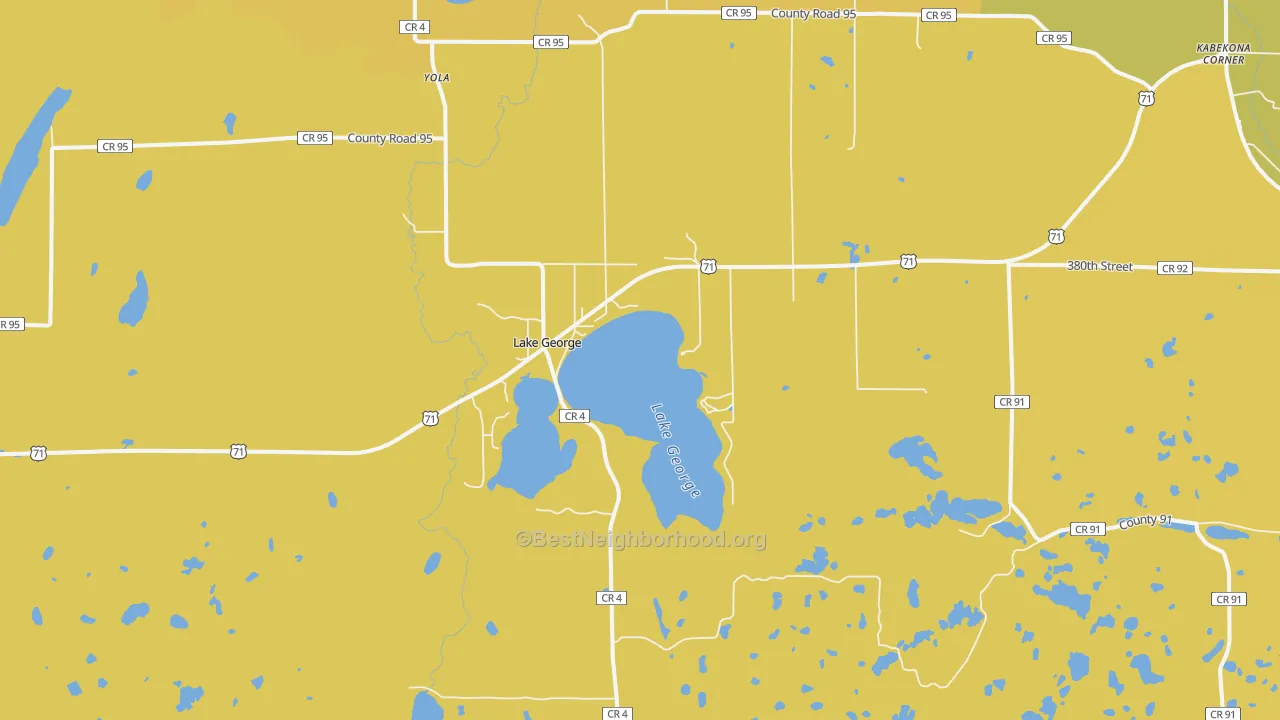 Map of the best neighborhoods in the Lake George area, with better matches in green and worse matches in red