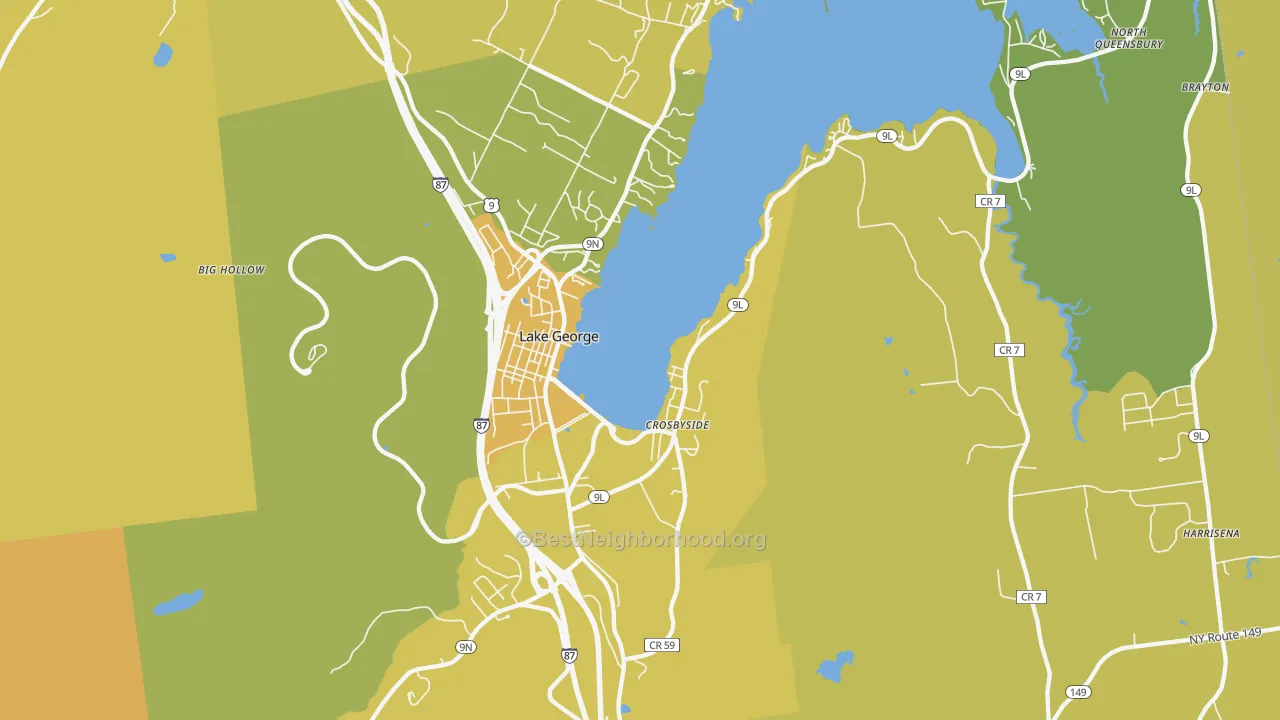Map of the best neighborhoods in the Lake George area, with better matches in green and worse matches in red