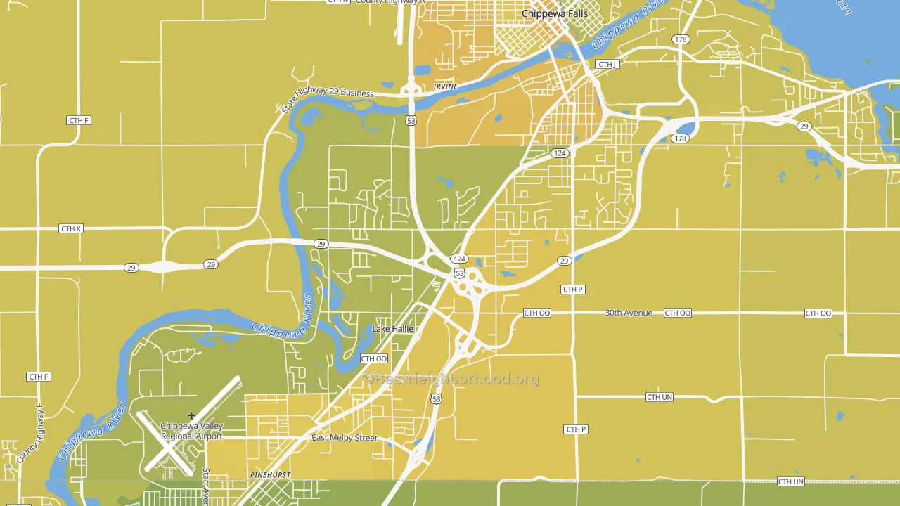 Map of the best neighborhoods in the Lake Hallie area, with better matches in green and worse matches in red