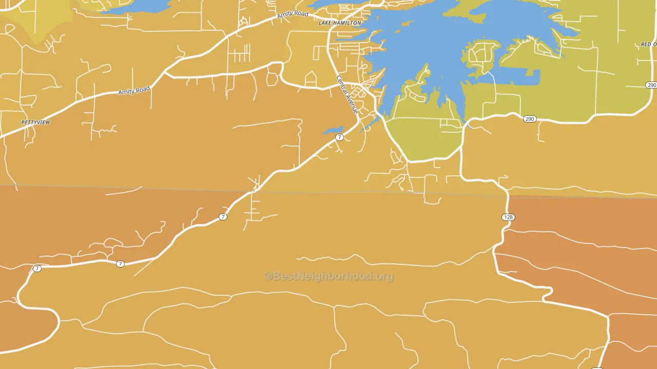 Map of the best neighborhoods in the Lake Hamilton area, with better matches in green and worse matches in red