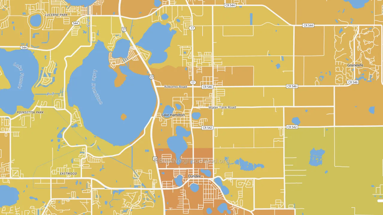 Map of the best neighborhoods in the Lake Hamilton area, with better matches in green and worse matches in red