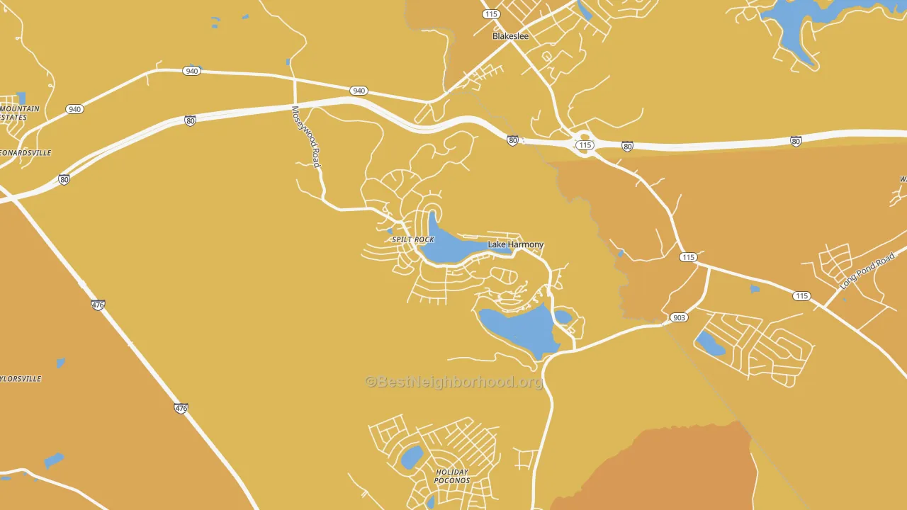 Map of the best neighborhoods in the Lake Harmony area, with better matches in green and worse matches in red