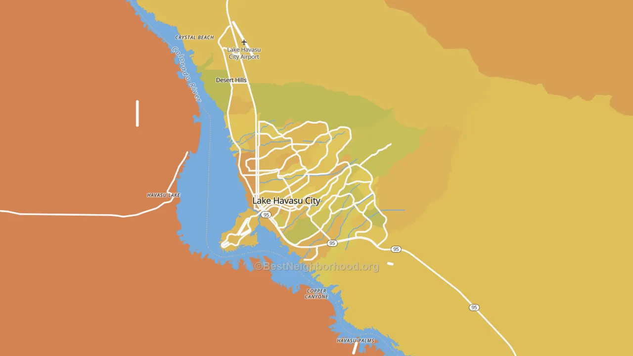 Map of the best neighborhoods in the Lake Havasu City Metro area, with better matches in green and worse matches in red