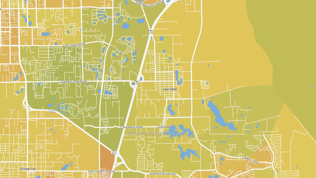 Map of the best neighborhoods in the Lake Helen area, with better matches in green and worse matches in red